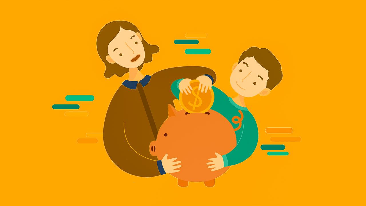 Vector Illustration Mother and son Putting Coin In Piggy Bank