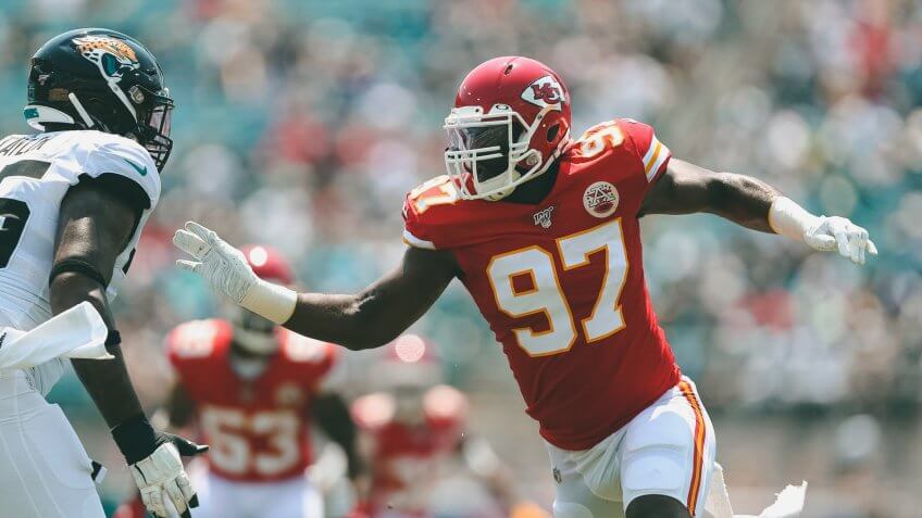 Kansas City Chiefs defensive end Alex Okafor (97) makes a defensive move off the line of scrimmage during an NFL football game against the Jacksonville Jaguars, in Jacksonville, Fla.
