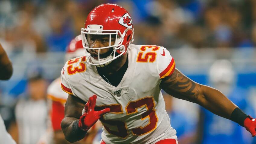 Kansas City Chiefs inside linebacker Anthony Hitchens (53) plays against the Detroit Lions during an NFL football game in DetroitChiefs Lions Football, Detroit, USA - 29 Sep 2019.