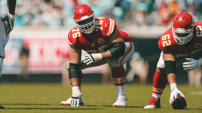 Kansas City Chiefs offensive guard Laurent Duvernay-Tardif (76) in a three-point stance on the line of scrimmage during an NFL football game against the Jacksonville Jaguars, in Jacksonville, Fla.