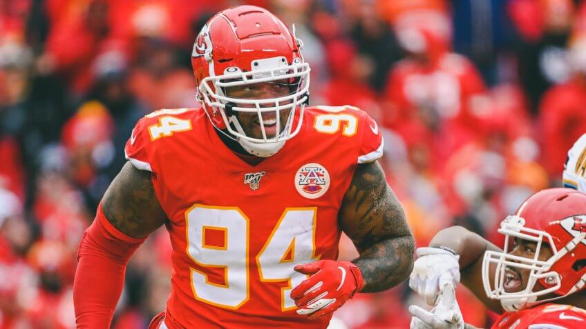 Kansas City Chiefs outside linebacker Terrell Suggs (94) celebrates a sack of Los Angeles Chargers quarterback Philip Rivers (17) during the second half of an NFL football game in Kansas City, MoChargers Chiefs Football, Kansas City, USA - 29 Dec 2019.