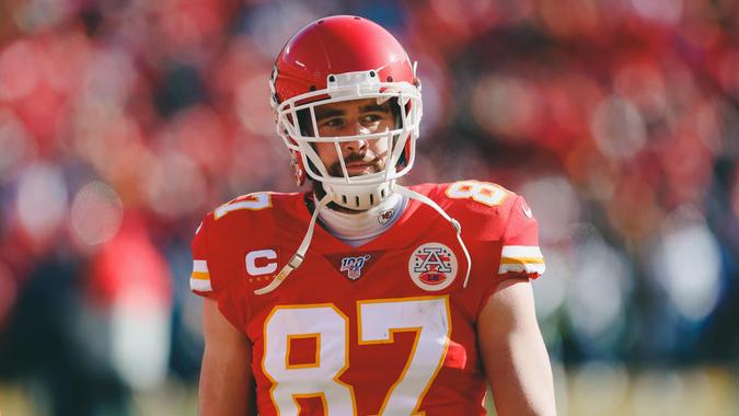 Kansas City Chiefs tight end Travis Kelce (87) before the NFL AFC Championship football game against the Tennessee Titans, in Kansas City, MOAFC Championship Titans Chiefs Football, Kansas City, USA - 19 Jan 2020.