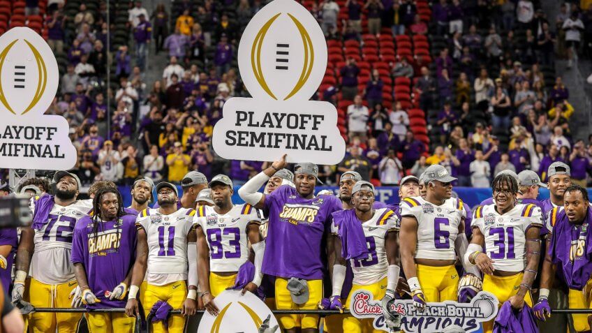 Mandatory Credit: Photo by Cecil Copeland/CSM/Shutterstock (10514195cy)LSU celebrates their Peach Bowl win after the Chick-Fil-A Peach Bowl - a College Football Playoff Nationall Semifinal - featuring the Oklahoma Sooners and the LSU Tigers, played at Mercedes Benz Stadium in Atlanta, GeorgiaNCAA Football Chick-fil-A Peach Bowl Oklahoma vs LSU, Atlanta, USA - 28 Dec 2019.