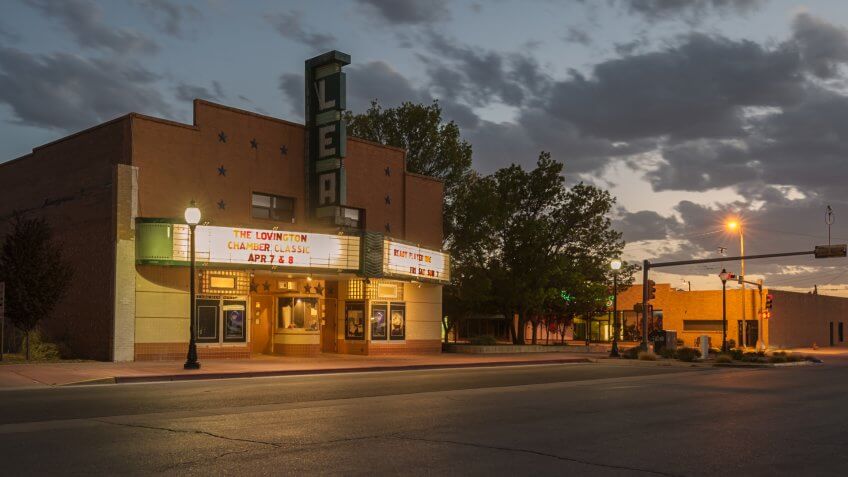 Lovington, New Mexico - April 08,2018: This evening photograph is of the Lea Movie Theater in New Mexico.