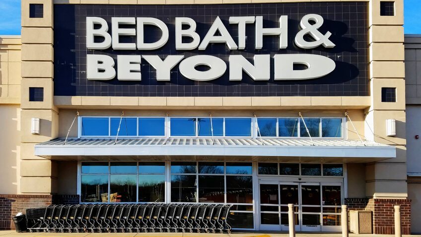 HDR image, Bed Bath and Beyond retailer storefront entrance, Saugus Massachusetts USA, December 25, 2018.