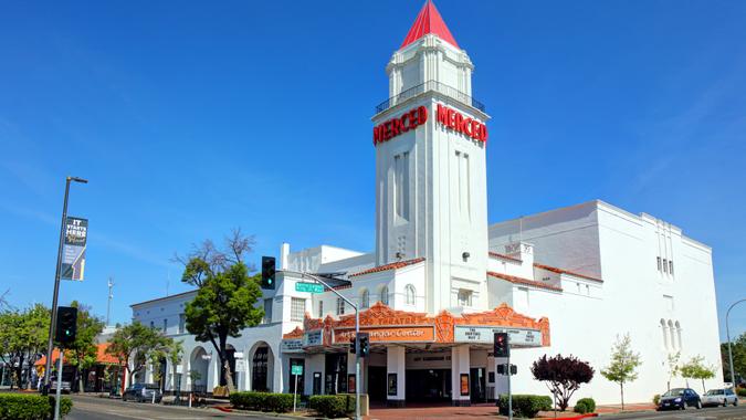 Merced, California, USA - April 17, 2019: Daytime view of the Merced Theatre along W.