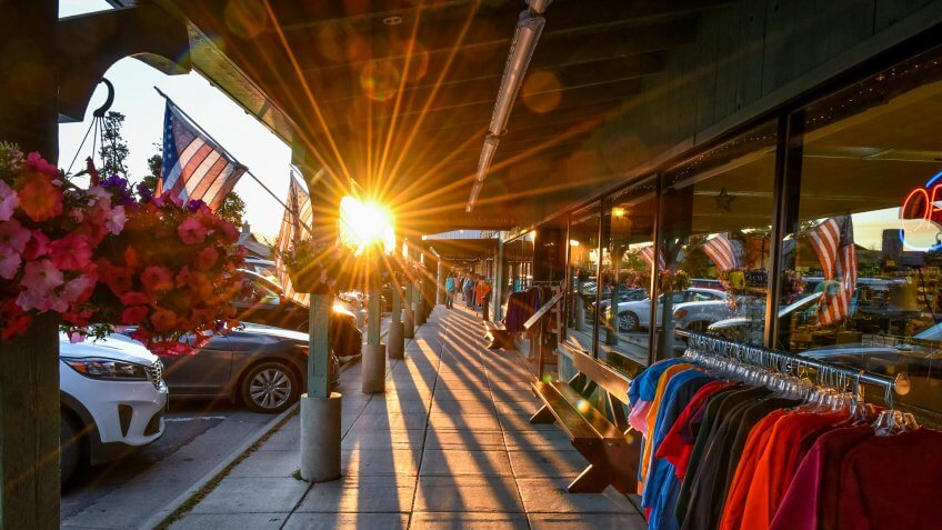 West Yellowstone, Montana / USA - September 28 2018: Shops along Yellowstone Avenue.