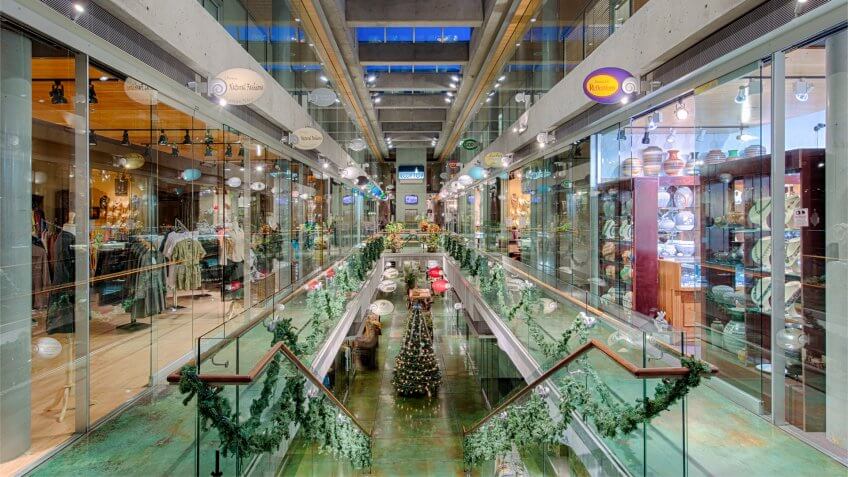 SANTA FE, NEW MEXICO - DECEMBER 4: An empty Santa Fe Arcade Mall during the Christmas season in Santa Fe, New Mexico on December 3, 2012 in Santa Fe, New Mexico.