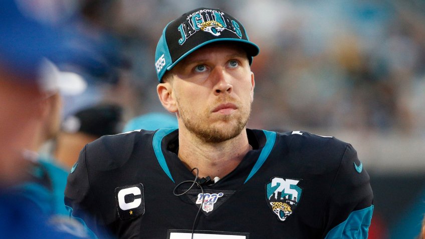 Jacksonville Jaguars quarterback Nick Foles walks along the bench area as he looks up at the scoreboard during the first half of an NFL football game against the Los Angeles Chargers, in Jacksonville, FlaChargers Jaguars Football, Jacksonville, USA - 08 Dec 2019.