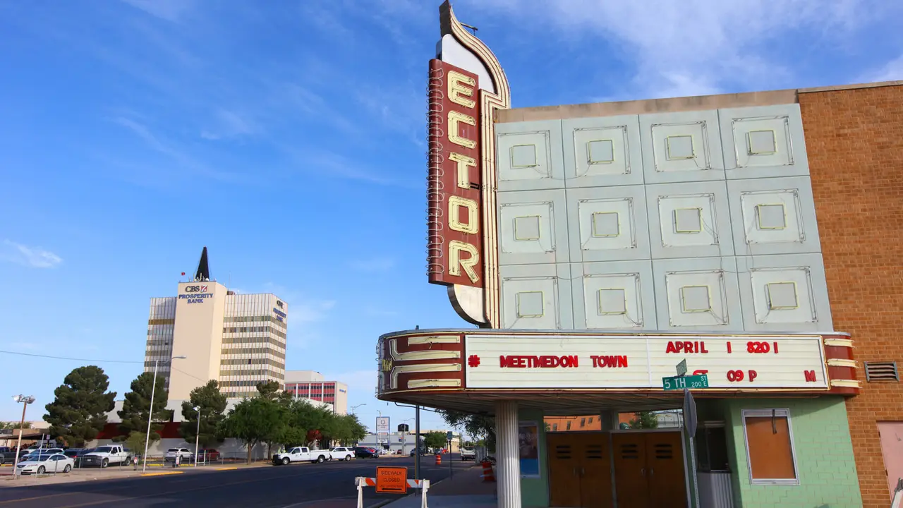 Odessa, Texas, USA - April 17, 2018: Daytime view of the city owned historic Ector Theatre along North Texas Street in downtown Odessa.