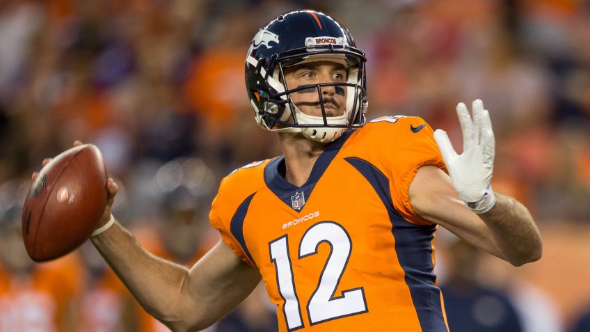 Denver Broncos quarterback Paxton Lynch (12) in pass formation during the second quarter of an NFL preseason matchup between the Minnesota Vikings and the Denver Broncos at Broncos Stadium at Mile High Denver CO, Scott D Stivason/Cal Sport MediaNFL Vikings vs Broncos, Denver, USA - 11 Aug 2018.
