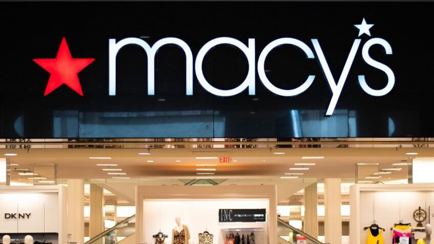 Providence, Rhode Island, USA - June 29, 2019: Macy's Store Logo Lighted Display Sign Above Entrance In White Letters On Black Background And Red Star.