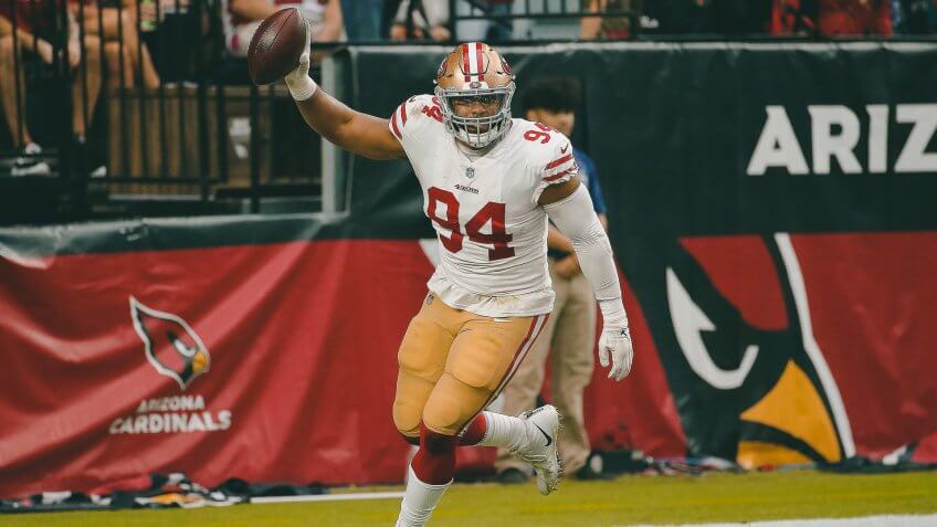 San Francisco 49ers defensive end Solomon Thomas (94) celebrates recovering the football in the end zone for a safety against the Arizona Cardinals during the first half of an NFL football game, in Glendale, Ariz49ers Cardinals Football, GLendale, USA - 28 Oct 2018.