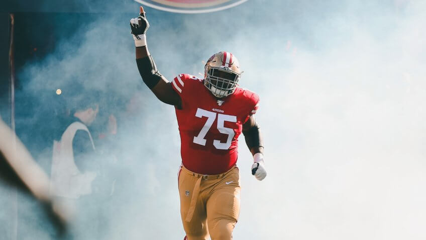 San Francisco 49ers offensive guard Laken Tomlinson (75) before an NFL football game against the Atlanta Falcons in Santa Clara, CalifFalcons 49ers Football, Santa Clara, USA - 15 Dec 2019.