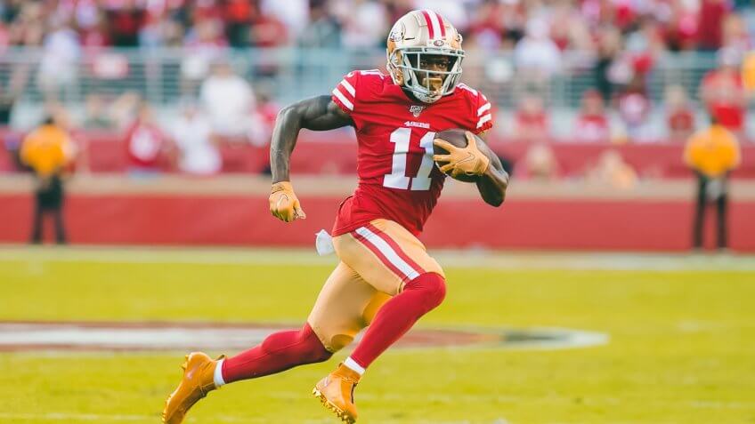 San Francisco 49ers wide receiver Marquise Goodwin (11) in action during the NFL football game between the Cleveland Browns and the San Francisco 49ers at Levi's Stadium in Santa Clara, CA.