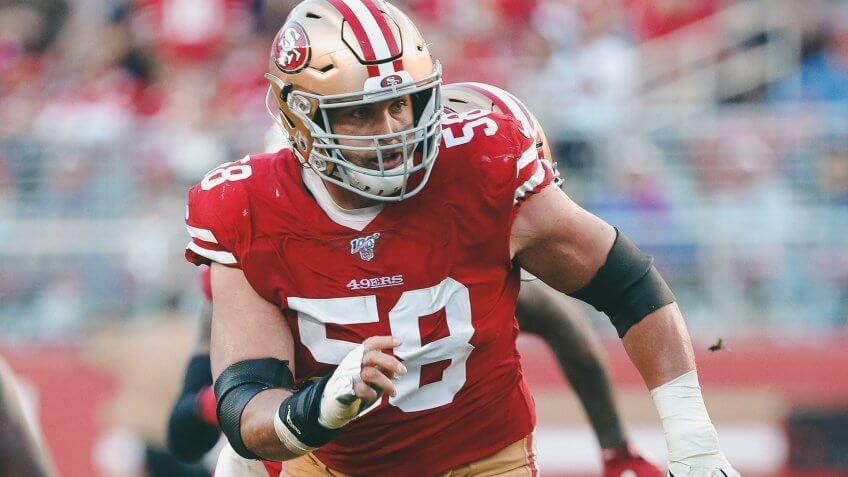 San Francisco 49ers center Weston Richburg (58) against the Arizona Cardinals during an NFL football game in Santa Clara, CalifCardinals 49ers Football, Santa Clara, USA - 17 Nov 2019.