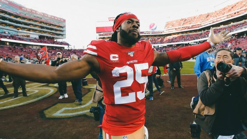 San Francisco 49ers cornerback Richard Sherman (25) celebrates after the 49ers beat the Minnesota Vikings 27-10 in an NFL divisional playoff football game, in Santa Clara, CalifVikings 49ers Football, Santa Clara, USA - 11 Jan 2020.