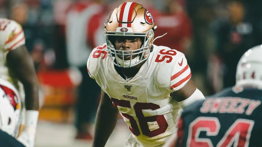 San Francisco 49ers middle linebacker Kwon Alexander (56) during the first half of an NFL football game against the Arizona Cardinals, in Glendale, Ariz49ers Cardinals Football, Glendale, USA - 31 Oct 2019.