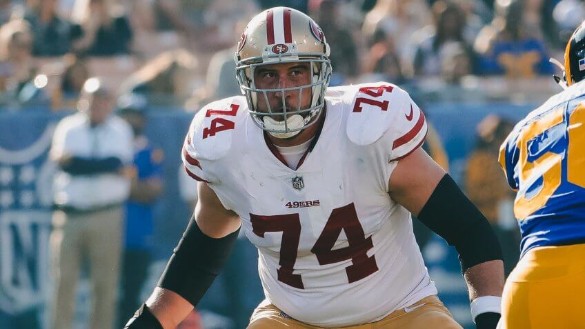 San Francisco 49ers offensive tackle Joe Staley (74) against the Los Angeles Rams during the first half of an NFL football game, in Los Angeles49ers Rams Football, Los Angeles, USA - 31 Dec 2017.