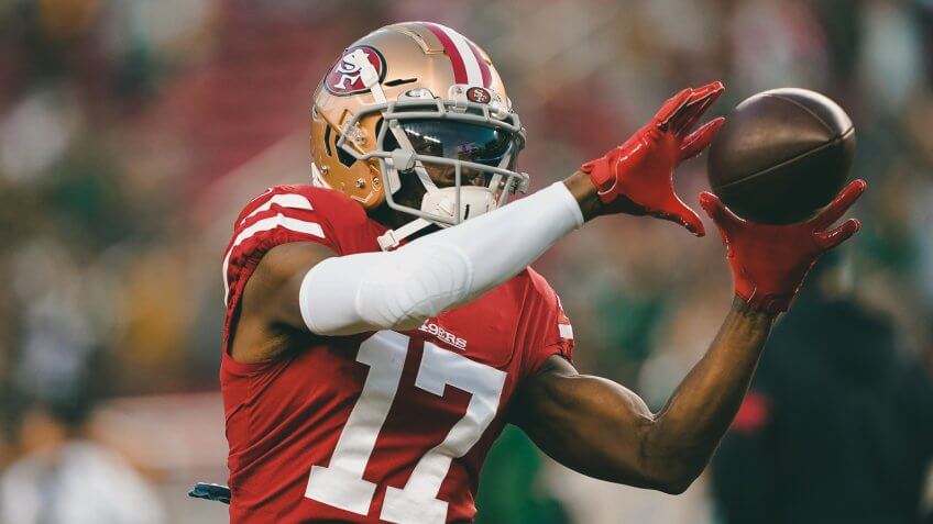 San Francisco 49ers wide receiver Emmanuel Sanders (17) warms up before an NFL football game against the Green Bay Packers in Santa Clara, CalifPackers 49ers Football, Santa Clara, USA - 24 Nov 2019.