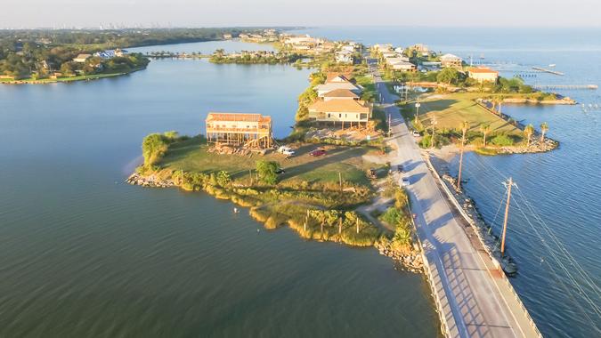 Panorama aerial view of Seabrook city near Texas Gulf Coast and Clear Lake.