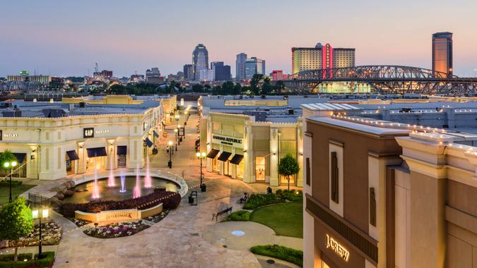 Bossier City, LA, USA- May 23, 2016: The downtown skyline of Shreveport, Louisiana as viewed from the Louisiana Boardwalk in Bossier City.