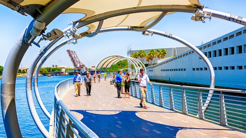 People on the Riverwalk in downtown Tampa FL.