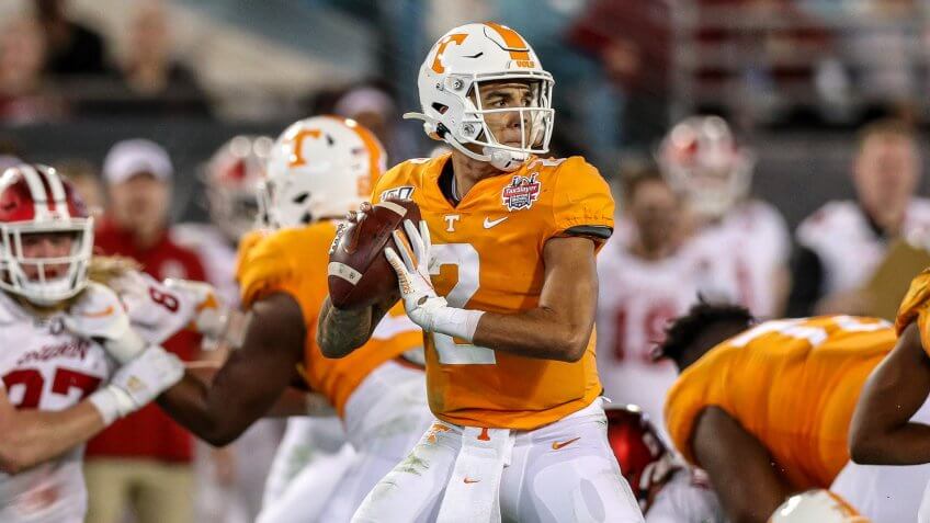 Mandatory Credit: Photo by Kyle Okita/CSM/Shutterstock (10517045m)Tennessee QB Jarrett Guarantano #2 gets ready to throw the ball during the TaxSlayer Gator Bowl football game between the Indiana Hoosiers and the Tennessee Volunteers at TIAA Bank Field in Jacksonville, FLNCAA Football TaxSlayer Gator Bowl Tennessee vs Indiana, Jacksonville, USA - 02 Jan 2020.