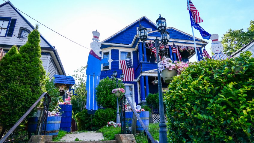 Torrington, Connecticut USA July 25, 2018 A single family house dressed up with American flags and other Americana.