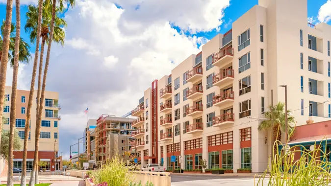 Stock photograph of new apartment buildings on Broadway boulevard in downtown Tucson Arizona USA.