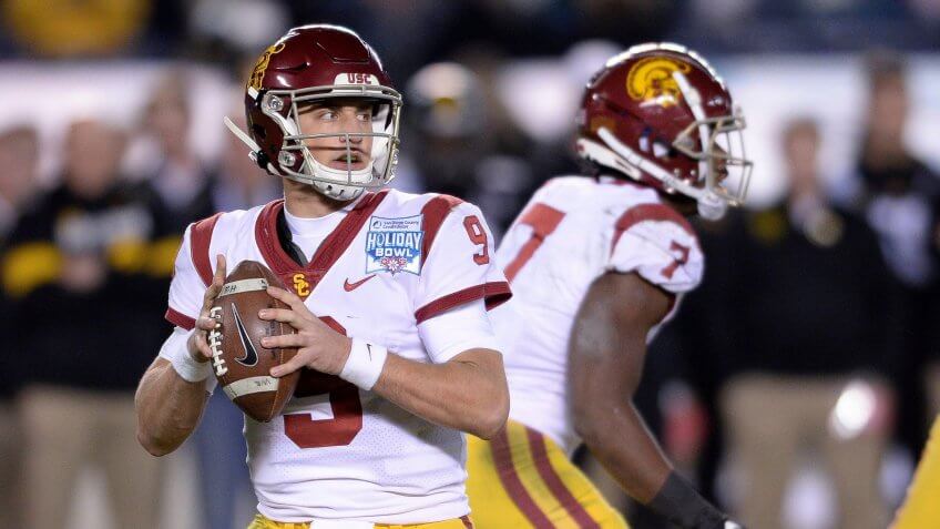 Mandatory Credit: Photo by Orlando Ramirez/AP/Shutterstock (10513794ab)Southern California quarterback Kedon Slovis (9) looks for a receiver during the second half of the Holiday Bowl NCAA college football game against Iowa, in San Diego.