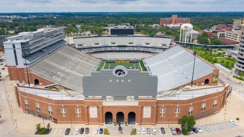 July 21, 2019 - Iowa City, Iowa, USA: Aerial Views Kinnick Stadium, is the home stadium of the University of Iowa Hawkeyes.