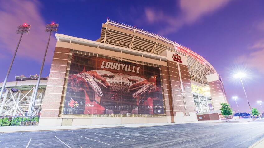 LOUISVILLE, KY, USA - July 24, 2018: The University of Louisville Papa John's Cardinal stadium recently was renovated to be able to reach a capacity of 55,000 for their football team.