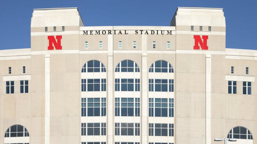 Lincoln, Nebraska, USA - May 18th 2012: Exterior view of the western facade of Nebraska's Memorial Stadium.