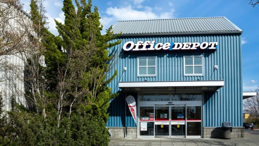 Bellevue, Washington / USA - April 1 2019: Entrance to an Office Depot store, a business supply and computer retailer.
