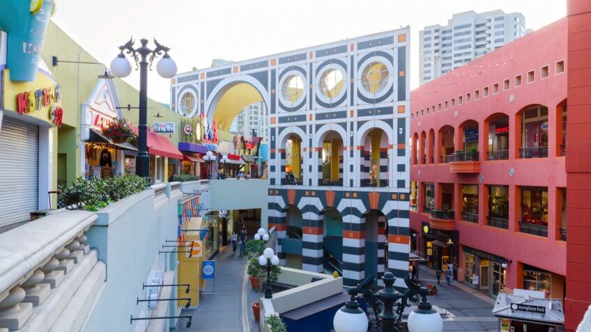 San Diego, United States of America - February 25, 2014: The Westfield Horton Plaza outdoor shopping mall in the Gaslamp Quarter in San Diego, southern California, United States of America.