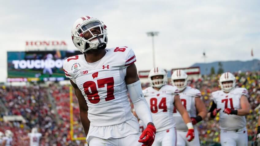 Mandatory Credit: Photo by Mark J Terrill/AP/Shutterstock (10516393ae)Wisconsin wide receiver Quintez Cephus celebrates after scoring against Oregon during first half of the Rose Bowl NCAA college football game, in Pasadena, CalifRose Bowl Football, Pasadena, USA - 01 Jan 2020.