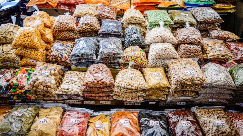 snacks in plastic bags for sale.