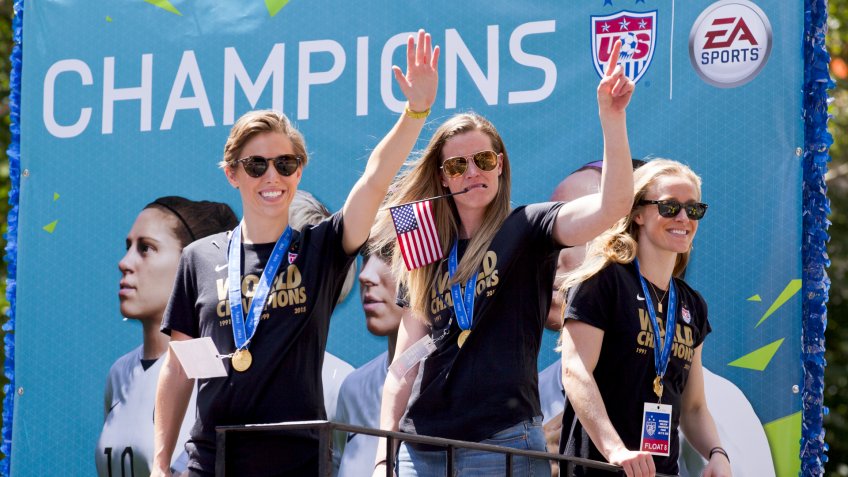 New York City, New York, USA - July 10, 2015: FIFA World Cup Champions US Women National Soccer Team ticker-tape parade in downtown New York City, New York, on July 10, 2015.