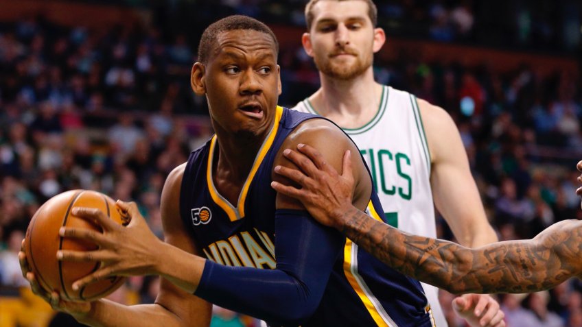 Isaiah Thomas, Al Jefferson and Tyler ZellerIndiana Pacers at Boston Celtics, USA - 22 Mar 2017Boston Celtics' guard Isaiah Thomas (R) defends against Indiana Pacers' center Al Jefferson (L) as Boston Celtics' center Tyler Zeller (C) looks on during the first half of their NBA game at TD Garden in Boston, Massachusetts, USA, 22 March 2017.