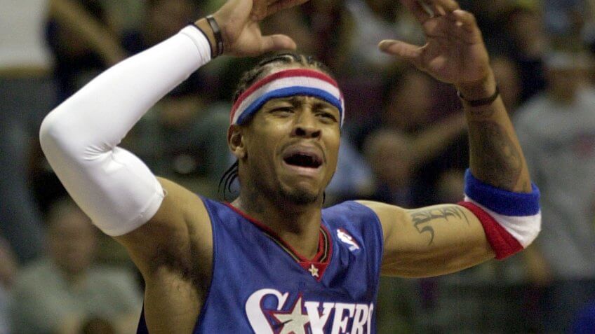 IVERSON Philadelphia 76ers guard Allen Iverson (3) reacts after a foul against the Detroit Pistons in the third quarter of Game 5 of the Eastern Conference semifinals in Auburn Hills, Mich.