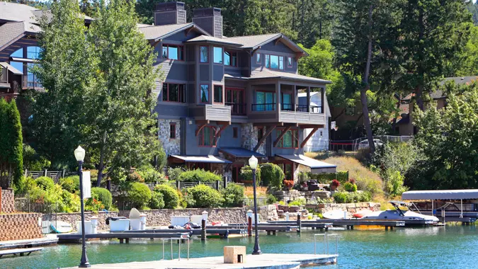 Bigfork,Montana,USA-  August 18,2019: Waterfront Group of condos with small docks,boats, lamp posts and bags.