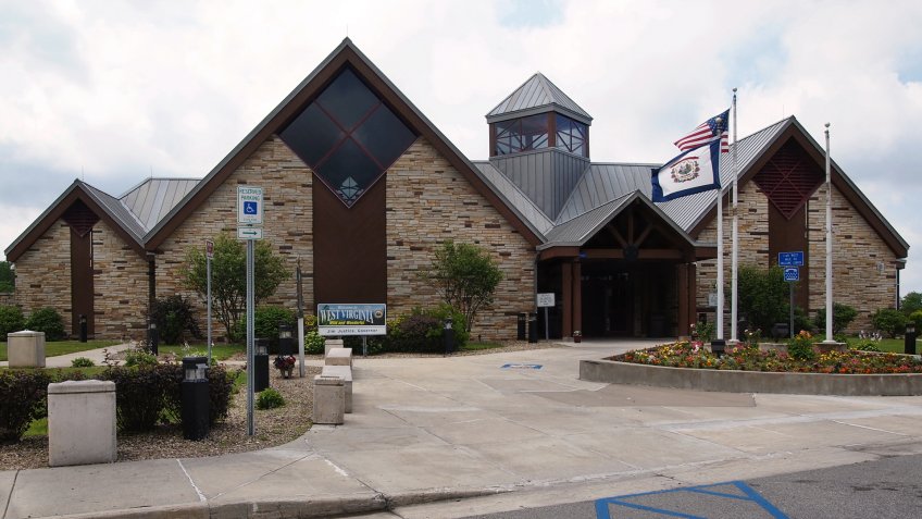BRUCETON MILLS, WEST VIRGINIA - JULY 11, 2019: The I-68 Welcome Center in Bruceton Mills, WV welcomes visitors to the state with tourist information, restrooms, mountain views outside, and more.