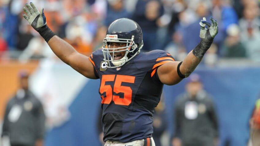 Chicago Bears outside linebacker Lance Briggs (55) celebrates after Chicago Bears cornerback Isaiah Frey (31) recovers a fumble during the second half of an NFL football game, in ChicagoVikings Bears Football, Chicago, USA - 15 Sep 2013.