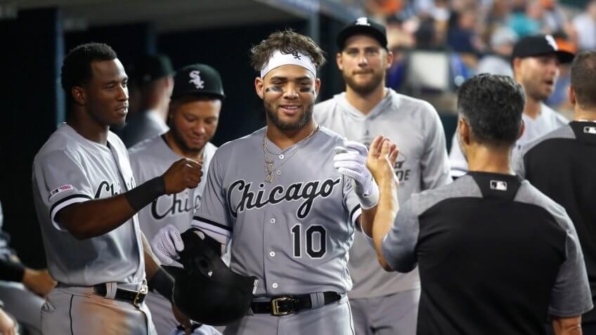 Chicago White Sox's Yoan Moncada (10) celebrates his two-run home run during the third inning of the team's baseball game against the Detroit Tigers in DetroitWhite Sox Tigers Baseball, Detroit, USA - 20 Sep 2019.