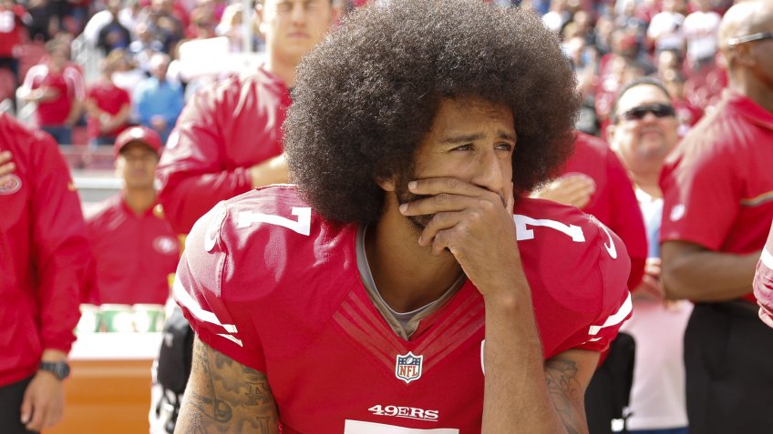 San Francisco 49ers Back-up Quarterback Colin Kaepernick Takes a Knee During the Us National Anthem Before the Nfl Game Between the Dallas Cowboys and the San Francisco 49ers at Levi's Stadium in Santa Clara California Usa 02 October 2016 Kaepernick is Protesting Police Brutality and Oppression in America United States Santa ClaraUsa American Football Nfl - Oct 2016.