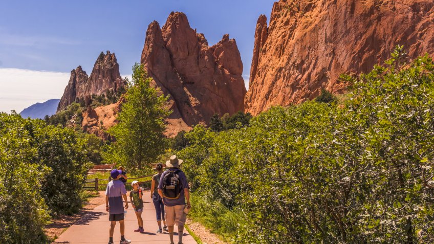 People walking in the Garden of the Gods park, Colorado Springs, CO, USA.