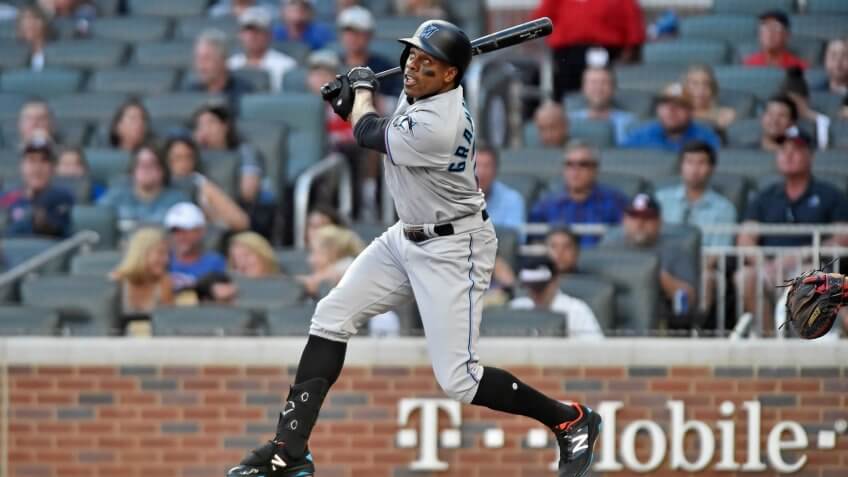 Miami Marlins outfielder Curtis Granderson flies out to left field during the second inning of a MLB game against the Atlanta Braves at SunTrust Park in Atlanta, GAMLB Miami Marlins vs Atlanta Braves, Atlanta, USA - 21 Aug 2019.