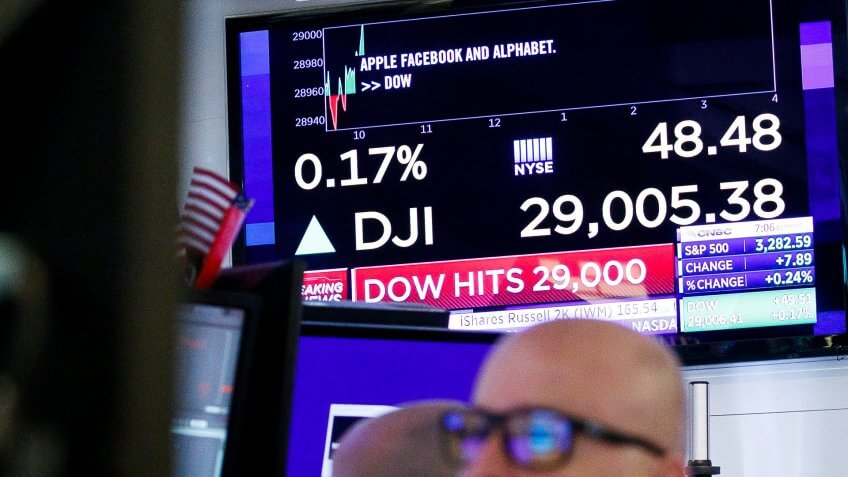 A screen shows the Dow Jones industrial average on floor of the New York Stock Exchange in New York, New York, USA, 10 January 2020.