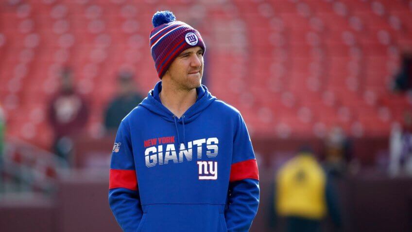 New York Giants quarterback Eli Manning looks on prior to an NFL football game against the Washington Redskins, in Landover, MdGiants Redskins Football, Landover, USA - 22 Dec 2019.